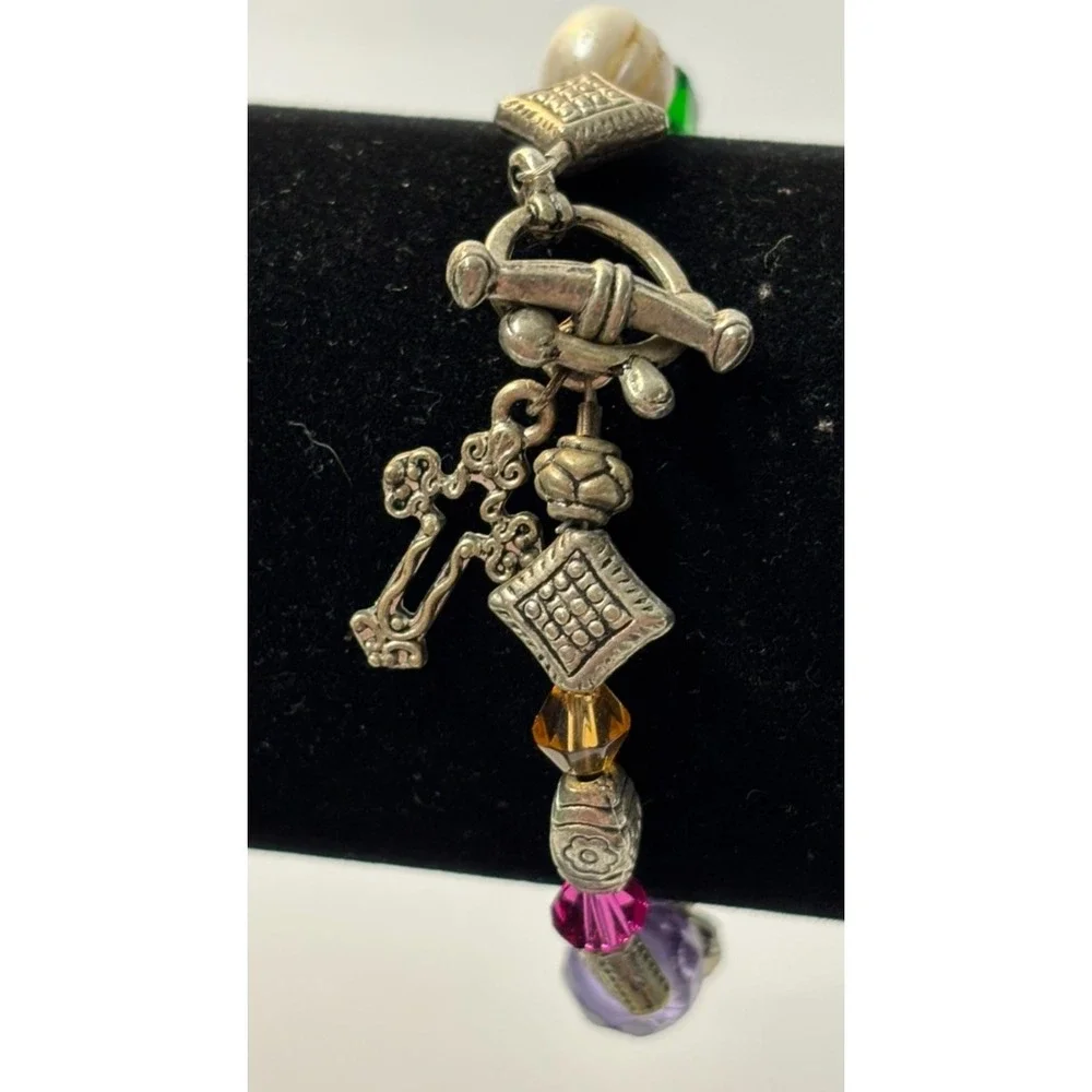 Y2K Charm Bracelet Silver Tone Purple Green Yellow Beads Cross Crucifix